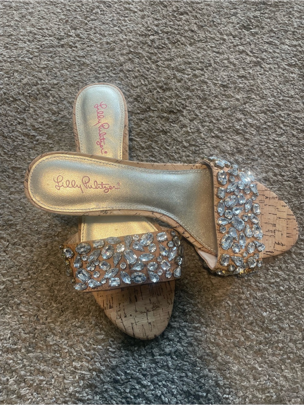 New Lilly Pulitzer flat cork and rhinestone sandals